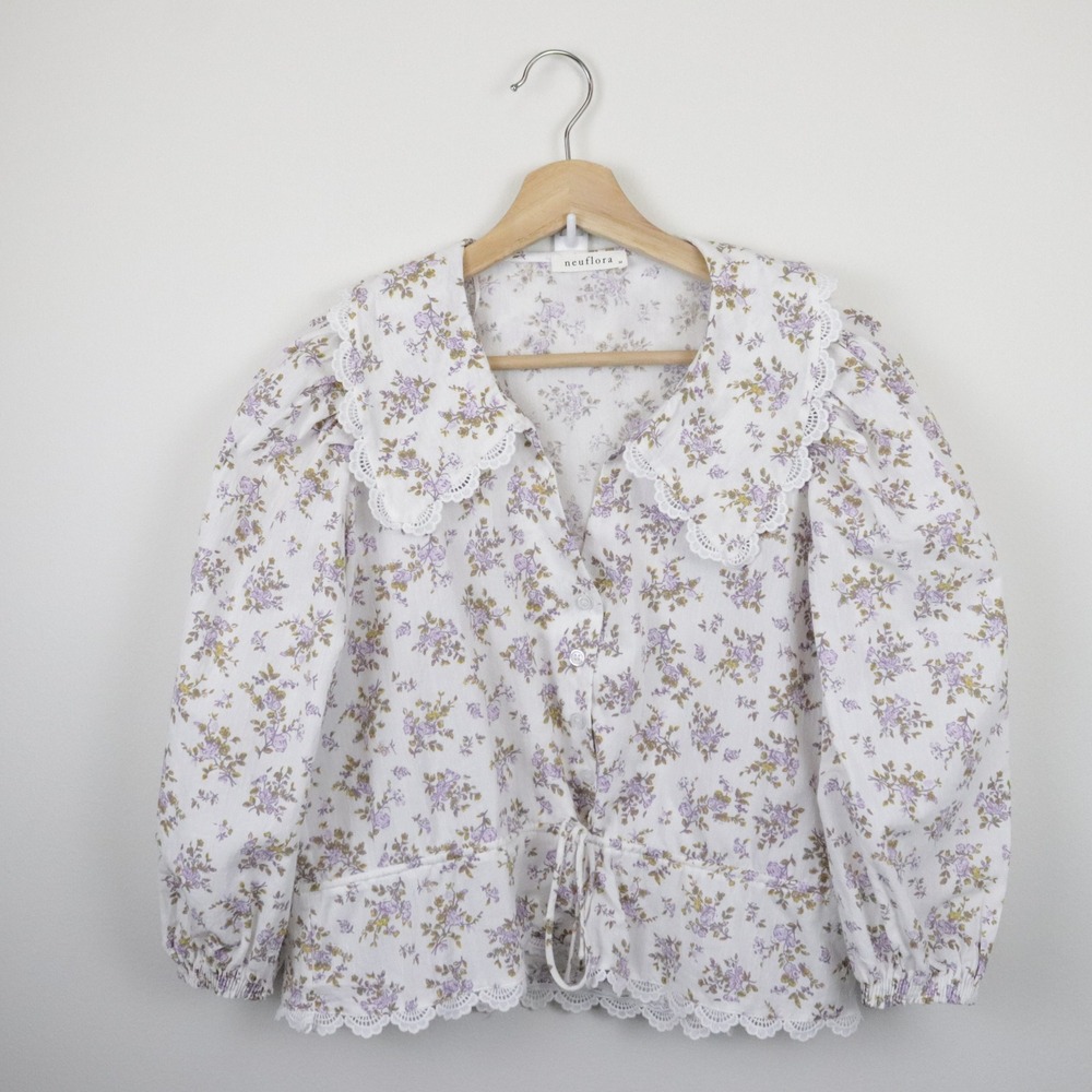 Neuflora Evora Blouse Top Medium Floral Peter Pan Collar Eyelet Lace - Picture 2 of 11